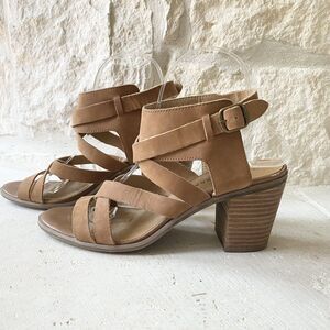 Lucky Brand Womens 9M Kailasa Brown Leather Sandals Ankle Strap Wood Block Heels